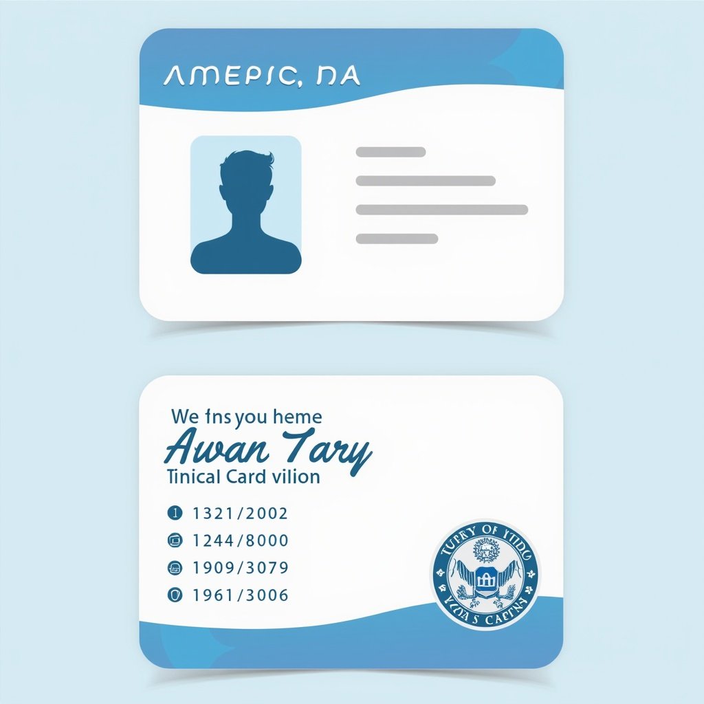 Design concept for an American ID card. Card has two sections. Space for a personal photo and identification information. Clean, official look with blue and white color scheme. Text fields for name and birth date. Includes logo or emblem for official use. Structured for easy identification.