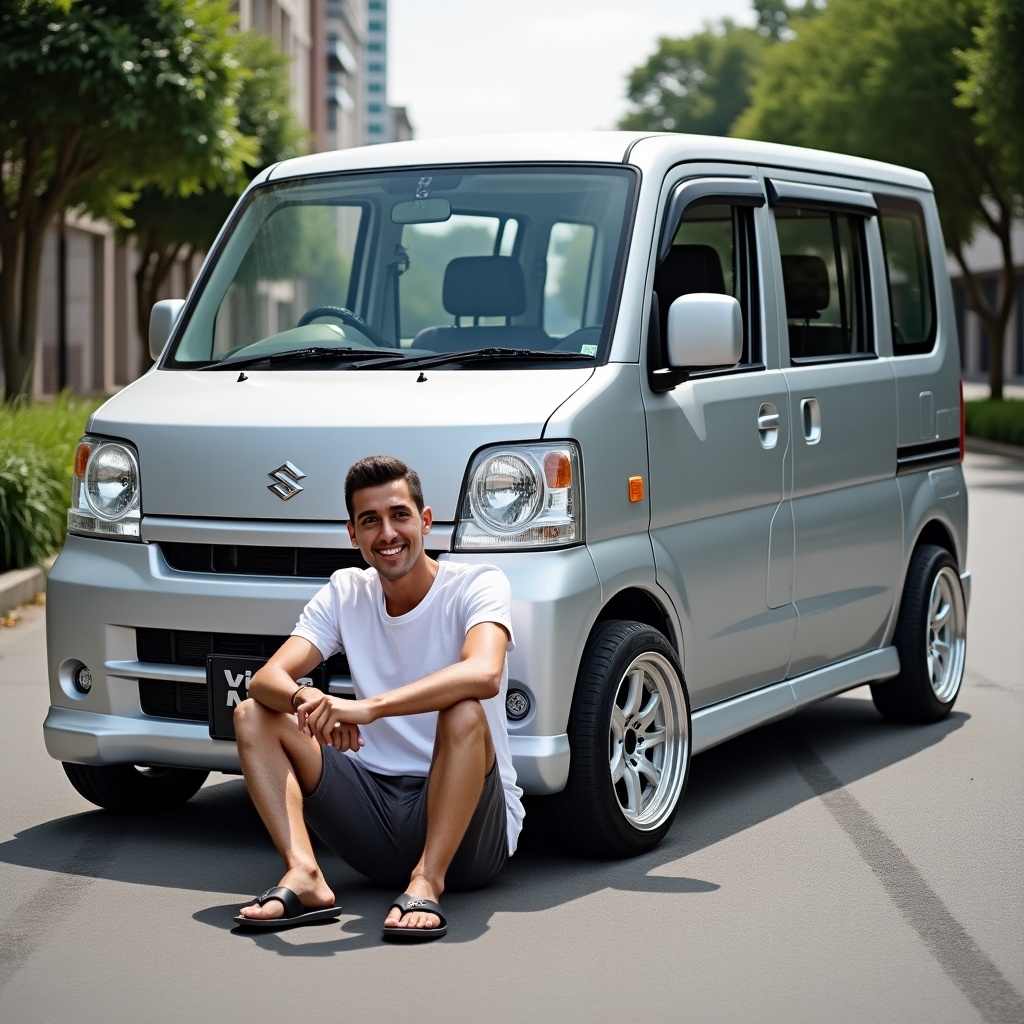 A young man, about 30 years old, is sitting casually on the ground in front of his modified silver Suzuki Wagon R. He is wearing a white t-shirt and shorts, complemented by sandals. The car is fitted with wide wheels, giving it a sporty appearance. The background features a clean urban setting, with greenery flanking the road. The lighting is bright and inviting, suggesting a pleasant day. This image captures a relaxed lifestyle and affinity for modified cars.