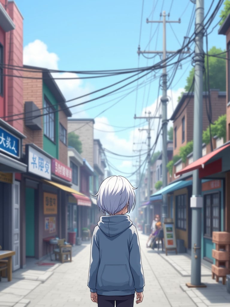 Character has white hair. Character wears a grey hoodie. Character stands on a colorful urban street. Daylight brightens the scene. Background features shops and power lines. A street view includes pedestrians and vibrant buildings.