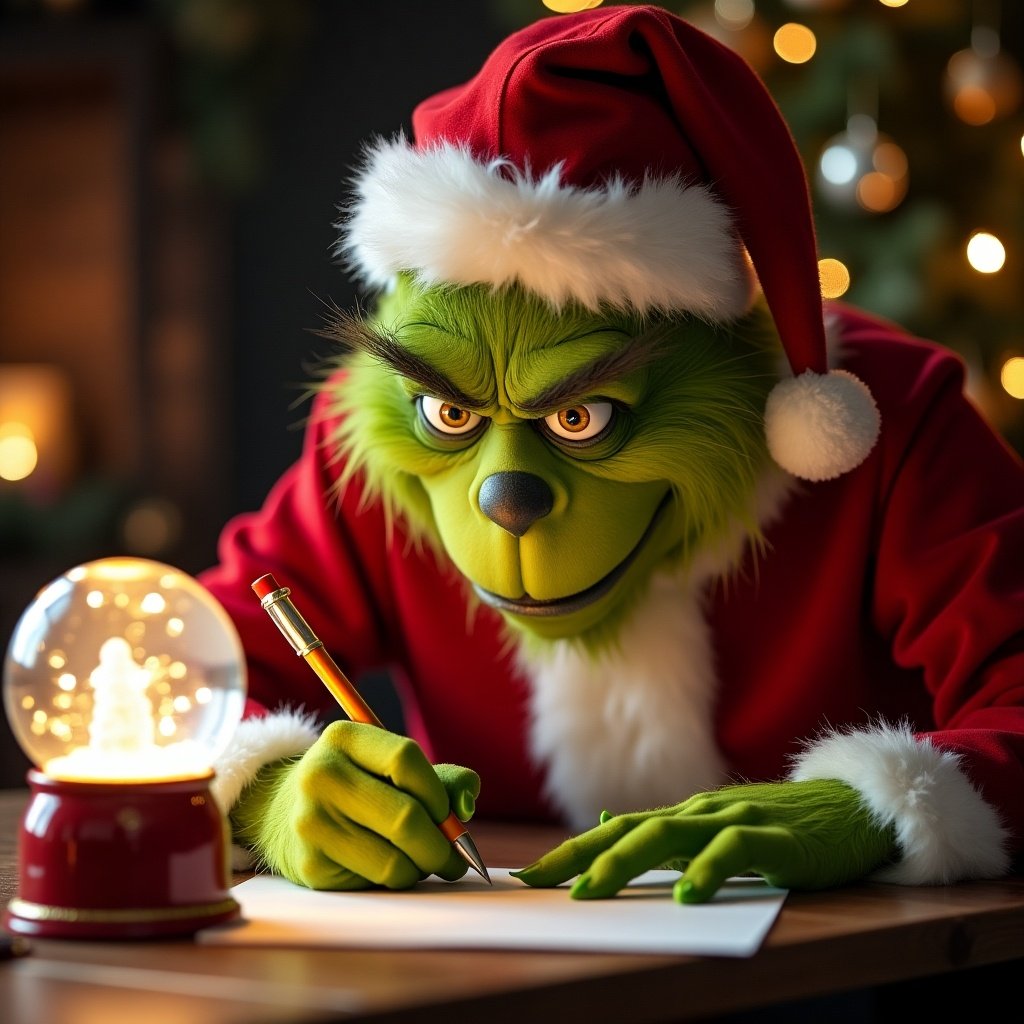 The Grinch in a Santa outfit writes a letter with hands visible. A snow globe is on the table beside him.