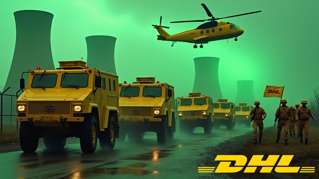 In a dramatic scene, several large yellow armored cars drive up to a fence. The sides of the armored cars are painted with the DHL logo. Nearby, several soldiers wearing yellow uniforms and holding rifles are seen marching together in unison. One soldier is holding a flag with the DHL logo. In the background, the prominent smokestacks of a nuclear power plant glow green. The sky is awash with an evil green glow, and a large yellow Chinook cargo helicopter flies above, adding to the intensity of the scene. At the bottom, the DHL logo is displayed in bold yellow text.