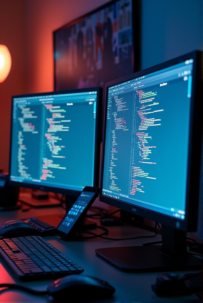 Two computer monitors display lines of colorful programming code in a dimly lit room.