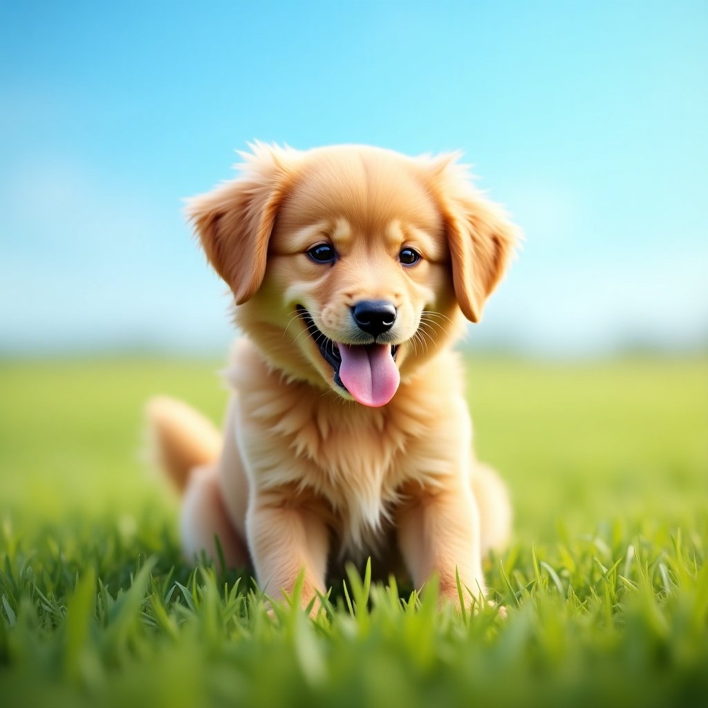 This image features a cute golden puppy sitting in a lush green field. The puppy has a big smile and a playful expression, with its tongue sticking out. The background consists of a clear blue sky, enhancing the lively atmosphere. The soft natural light accentuates the puppy's fluffy golden coat. This joyful scene evokes feelings of happiness and warmth, making it ideal for pet-related content.