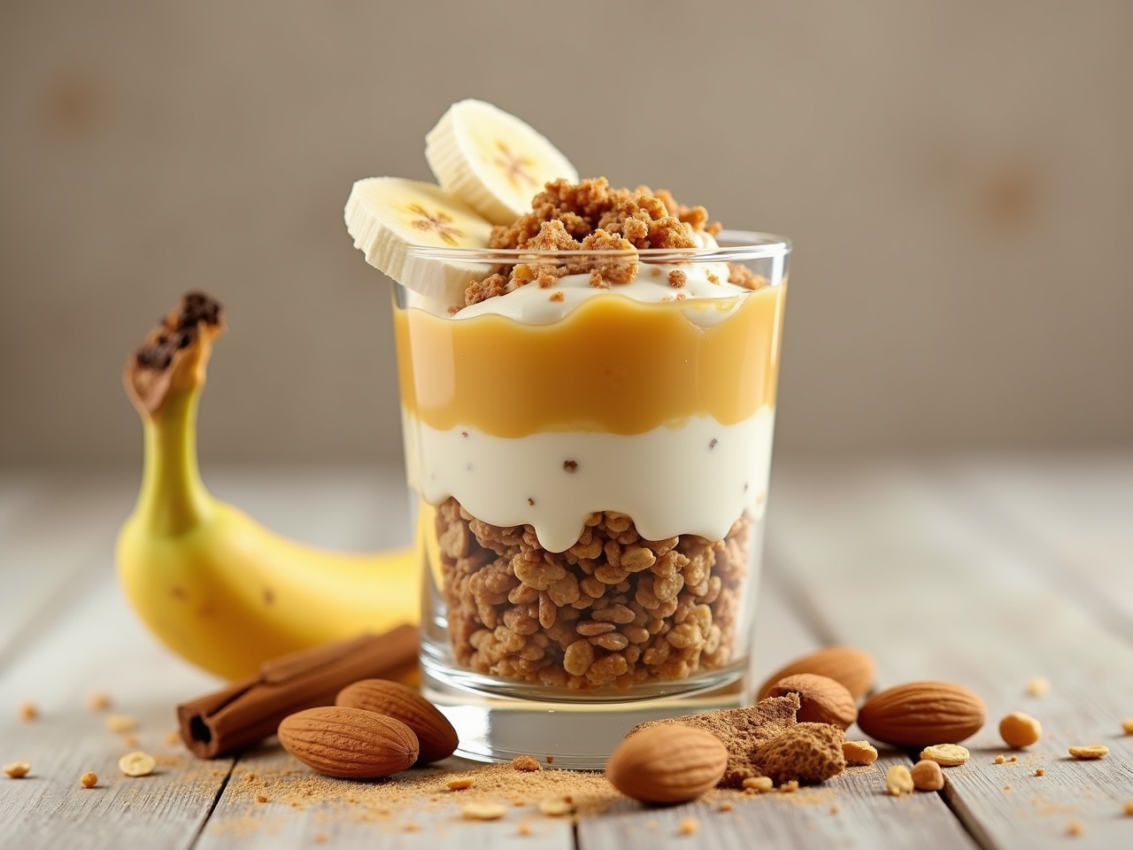 This image showcases a delicious parfait made with layers of granola, yogurt, and honey. The parfait is displayed in a transparent big glass, allowing the colorful layers to stand out. Slices of banana and almonds are artfully arranged on top. Sprinkled cinnamon and pieces of granola add texture and flavor to the dish. A banana and scattered almonds accompany the parfait, enhancing its healthy appeal. The background features a rustic wooden surface that complements the wholesome feel of the image.