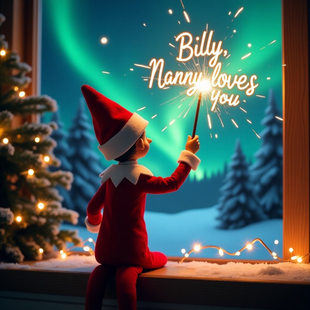 Enchanted Christmas scene with an elf on the shelf facing the sky. Elf dressed in red and white holds a magic wand. Writing 'Billy, Nanny loves you' in sparkler script. Vibrant northern lights create a magical ambiance. Scene portrays holiday spirit with a whimsical twist. Elf's action evokes wonder and excitement for the holiday season.