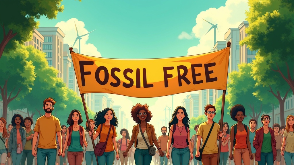 A vibrant illustration showing a diverse group of protesters marching in a green city. They hold a large banner that says 'FOSSIL FREE'. Lush trees line the streets with solar panels and wind turbines in the background. The sunlight creates a warm and optimistic atmosphere.