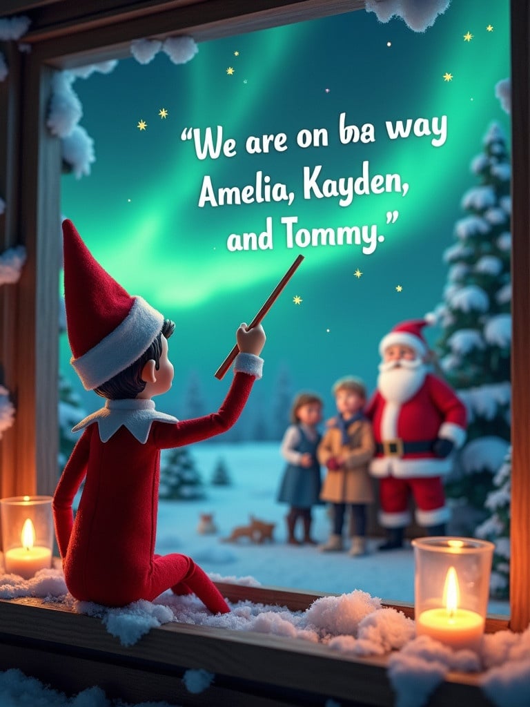 A Christmas-themed scene with an elf on the shelf facing vibrant northern lights. Elf uses a magical wand to write a message in the sky. Santa interacts with two children in the background. The scene features warm candlelight and snow-covered trees.