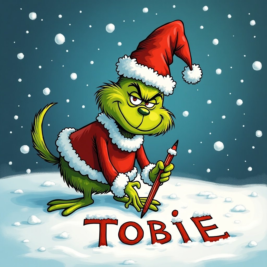 The image features the Grinch, a famous character from Dr. Seuss’s beloved story. He is depicted with a mischievous expression, in a traditional Santa hat and red coat. The whimsical character is writing the name 'TOBIE' in the fresh snow, emphasizing a playful and festive spirit. Snowflakes are falling gently in the background, creating a magical holiday atmosphere. This vibrant illustration highlights the Grinch's iconic green color, contrasting against the bright red of his attire and the white snow.