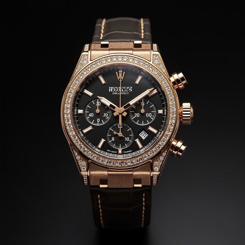 Image of a luxury chronograph watch with diamond embellishments. Watch features a black face with gold details. Dark brown leather strap. High-quality lighting accentuates the details.