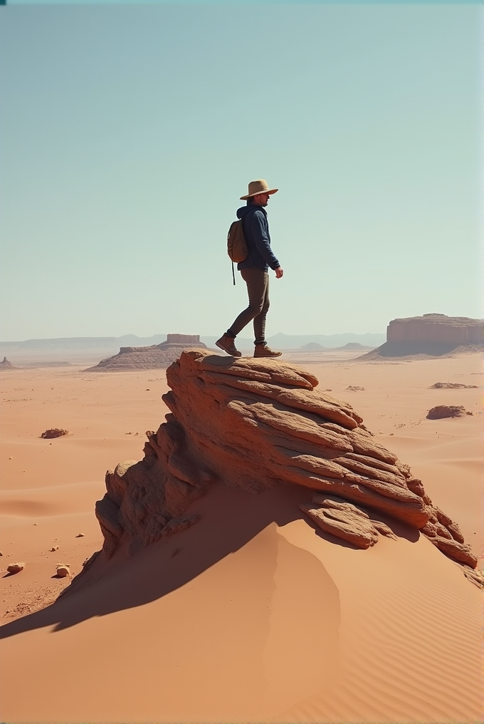 A person with a backpack and hat stands on a rock formation in a vast, sandy desert.