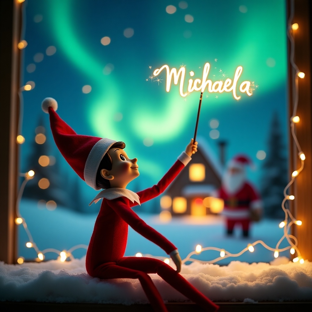 Enchanted Christmas scene features a brown elf dressed in red. Elf gazes at the night sky. Elf uses a wand to write Michaela in sparkling letters. Northern lights shimmer in the background. Cozy house with festive lights is visible. Silhouette of Santa appears. Scene radiates warmth and joy.