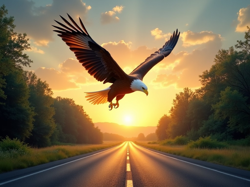 A majestic eagle is soaring gracefully above a long, empty road. It is sunset, illuminating the sky with warm shades of orange and yellow. The eagle's wings are fully spread, showcasing its powerful presence. On either side of the road, lush greenery lines the scenery, creating a serene environment. The overall mood is one of freedom and adventure, inviting viewers to imagine their own journeys.