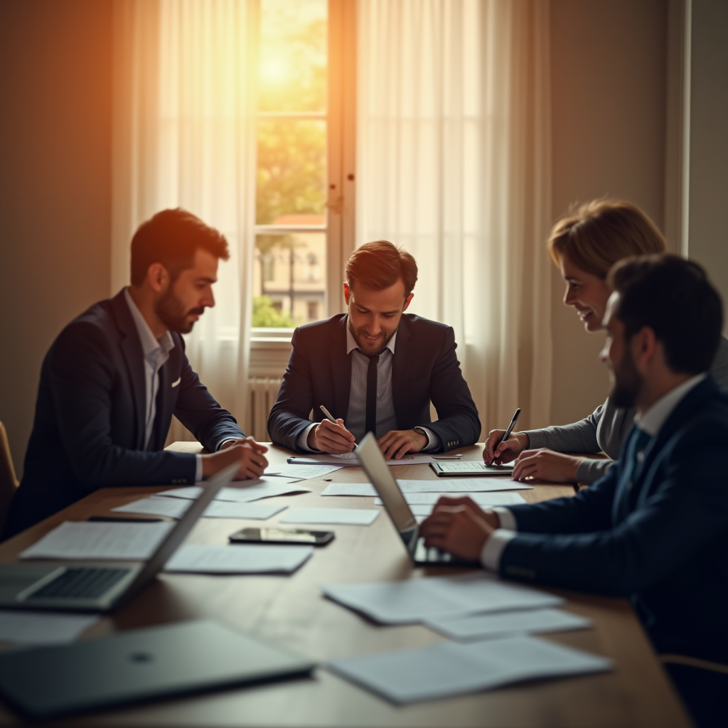 A team of four professionals collaborate around a table in a sunlit office, working on documents and laptops.