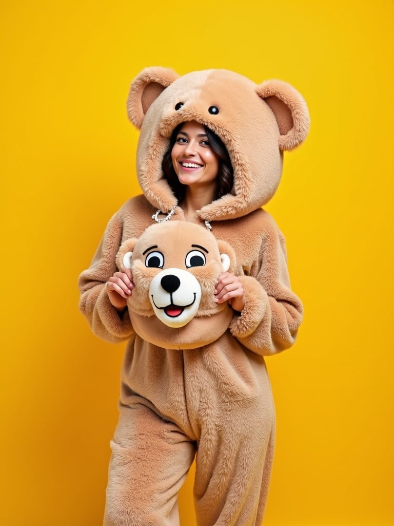 A woman wears a fluffy bear mascot costume holding the matching bear head. The background is bright yellow with no distractions. The costume appears very soft and cute.