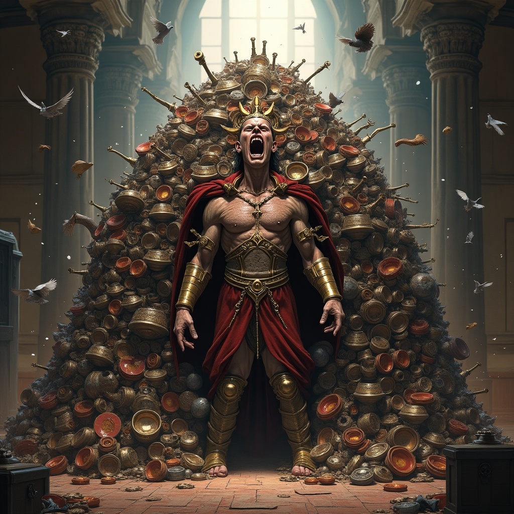 An imposing, muscular character stands with arms wide open in front of a massive pile of items resembling loot from a video game. The character, wearing luxurious armor and a red cape, looks frustrated and overwhelmed, embodying the theme of having too much game content. The backdrop features classical architecture with tall columns and light streaming in. Birds flutter around, adding to the dramatic effect. The scene captures the chaotic but rich visual style reminiscent of fantasy games, appealing to gamers. Text overlay might enhance the meme quality, highlighting the humorous situation.