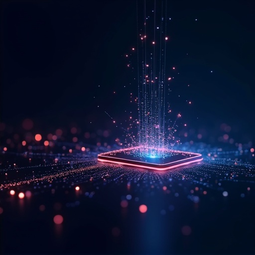 A glowing chip with bright particles emanating from its center. The background consists of dark hues that contrast with vibrant colors. The scene represents wireless connection and digital interaction.