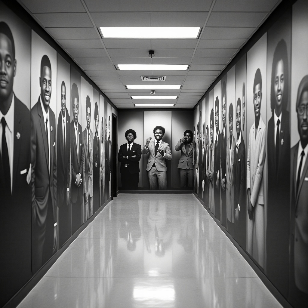 The image showcases a hallway filled with large black and white photographs of African American graduates. Each wall is adorned with floor-to-ceiling images of young professionals dressed in suits. One central figure stands out prominently, posing confidently among other graduates. The atmosphere is bright and inviting, celebrating achievements and diversity. This artistic representation emphasizes the importance of representation and success in academia.