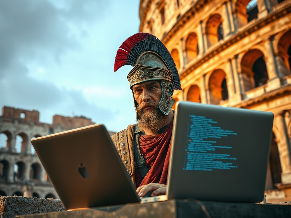 A Roman soldier in traditional attire uses laptops in front of the Colosseum.