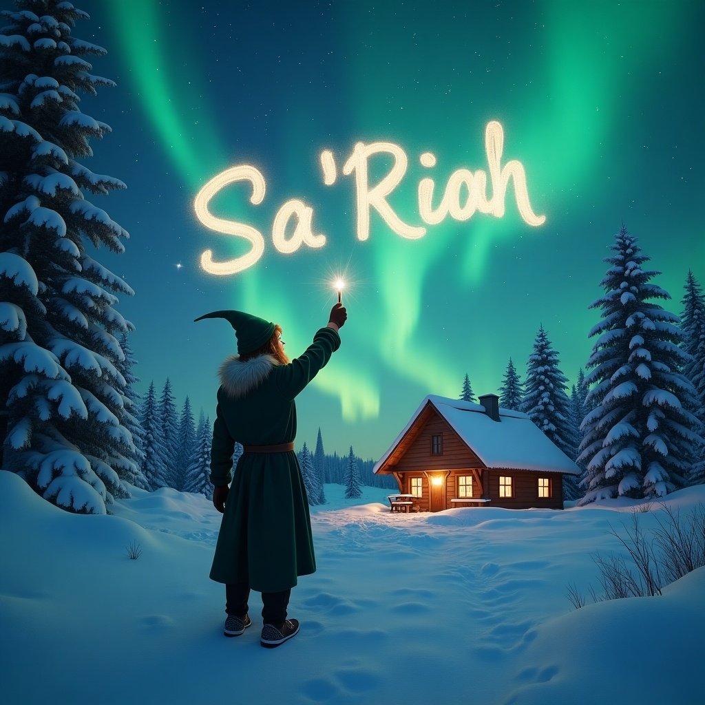 Elf stands with back to viewer. Elf writes name in the air using a wand. Background features magical northern lights and a cozy snowy cabin. Name Sa'Riah inscribed in the sky.