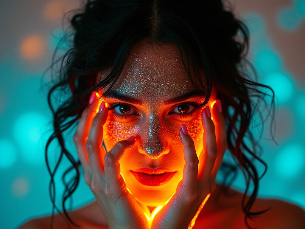 The image captures a close-up portrait of a woman with a striking glow on her face. The subject holds her illuminated hands against her cheeks, creating an ethereal effect. Glitter adorns her face, enhancing the artistic vibe. The background features a soft bokeh effect, emphasizing the vibrant colors. The contrast between the orange glow and teal background adds depth to the image. Overall, the photograph exudes modern beauty and creativity.