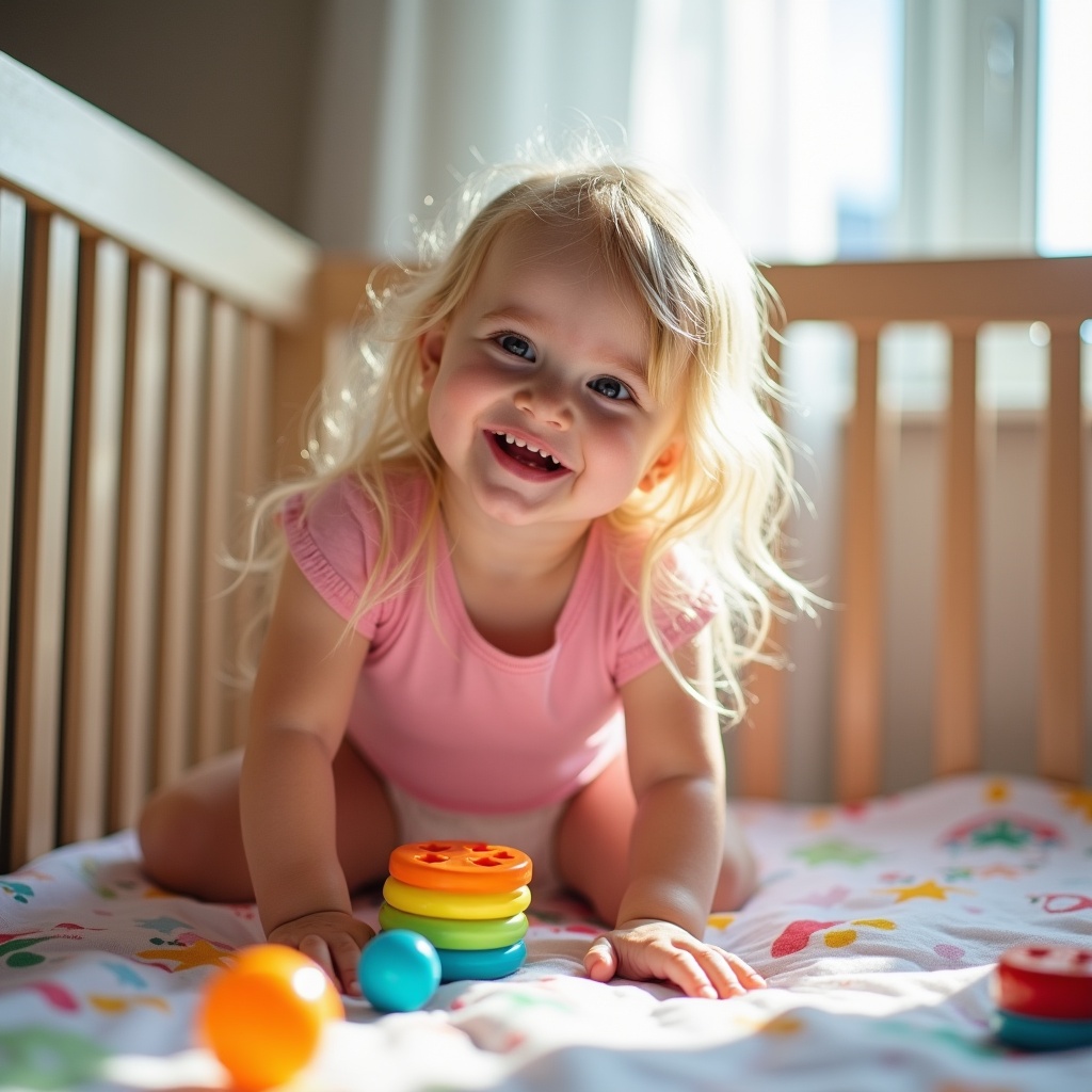 Image depicts joyful toddler playing in crib. Girl has long blond hair. She wears a pink t-shirt and diaper. Crib contains colorful toys on playful sheet. Soft lighting creates warm atmosphere. Scene evokes joy and innocence.