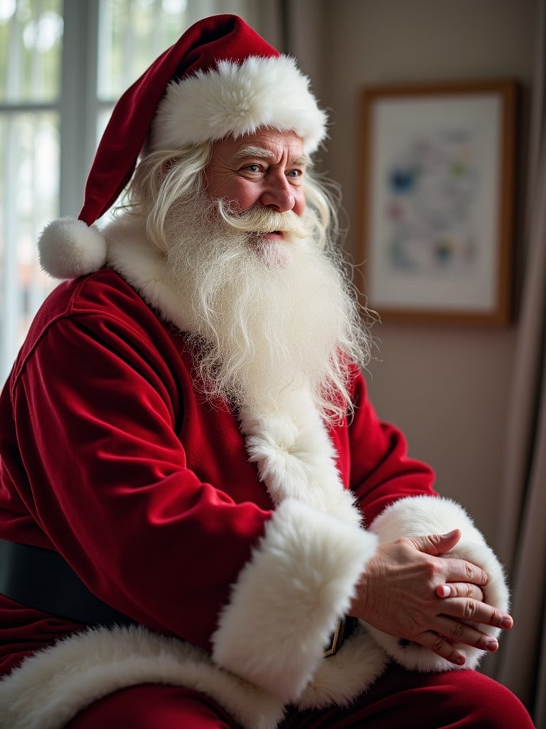 Santa Claus dressed in traditional red attire seated with hands clasped. Home interior visible in background. Scene emphasizes holiday spirit. Santa appears calm and thoughtful while practicing physiotherapy.