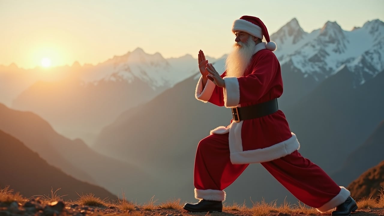 Cinematic image features Santa Claus practicing Tai Chi. Scenic misty mountains at twilight with snow in distant mountains with soft light and sunshine.