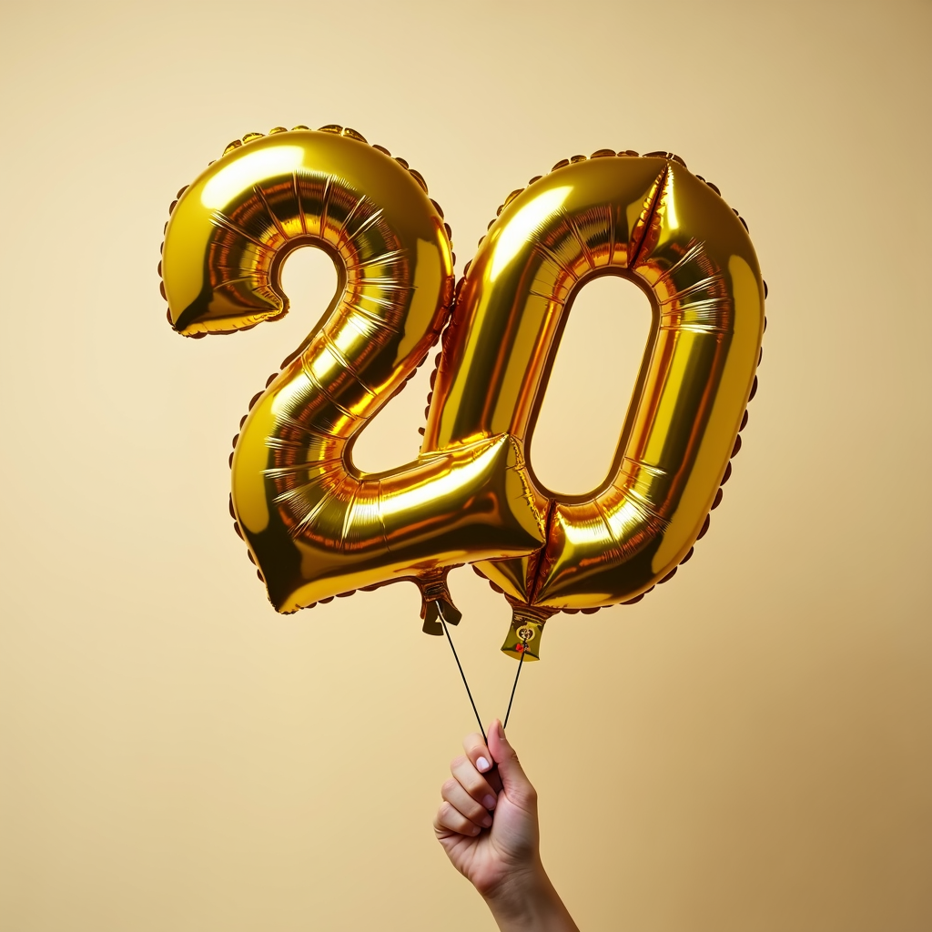 A hand holds two shiny golden helium balloons shaped like the number "20" against a light beige background.