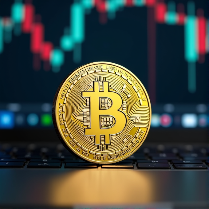 A shiny Bitcoin coin rests on a keyboard with a digital currency trading chart in the background, highlighting the intersection of cryptocurrency and technology.