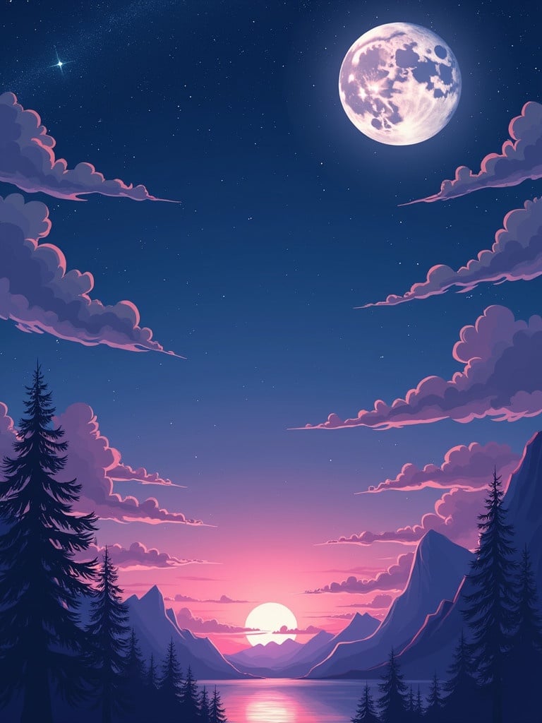 Anime styled Twitch frame overlay featuring a lunar theme. Moon in the night sky. Pink sunset behind mountains and water. Pine trees in the foreground.