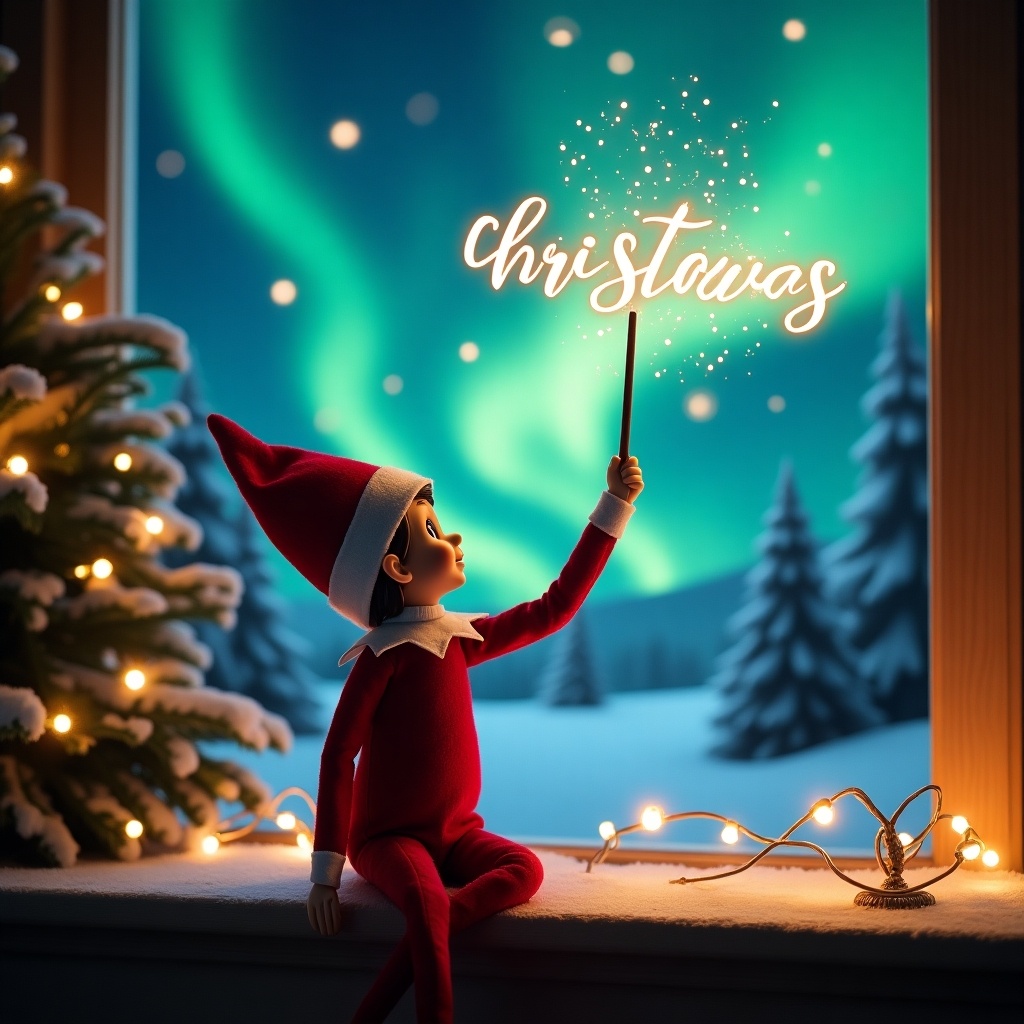 An enchanting Christmas scene features an elf on the shelf. The elf is dressed in a classic red and white outfit and is facing the beautiful northern lights. He is holding a magic wand, creating glowing script above him that includes names like Darcie and Oscar. The window is adorned with twinkling Christmas lights, adding warmth to the scene. This whimsical setting captures the essence of holiday joy and wonder, emphasizing the magical spirit of Christmas. The artwork is vibrant and full of life, designed to evoke feelings of festive excitement.