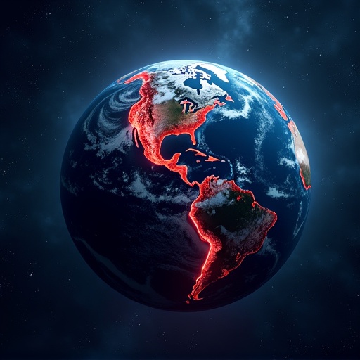 A dark blue starry background features a cracked globe. Red fault lines run through the globe. The image presents an artistic view of Earth from space.