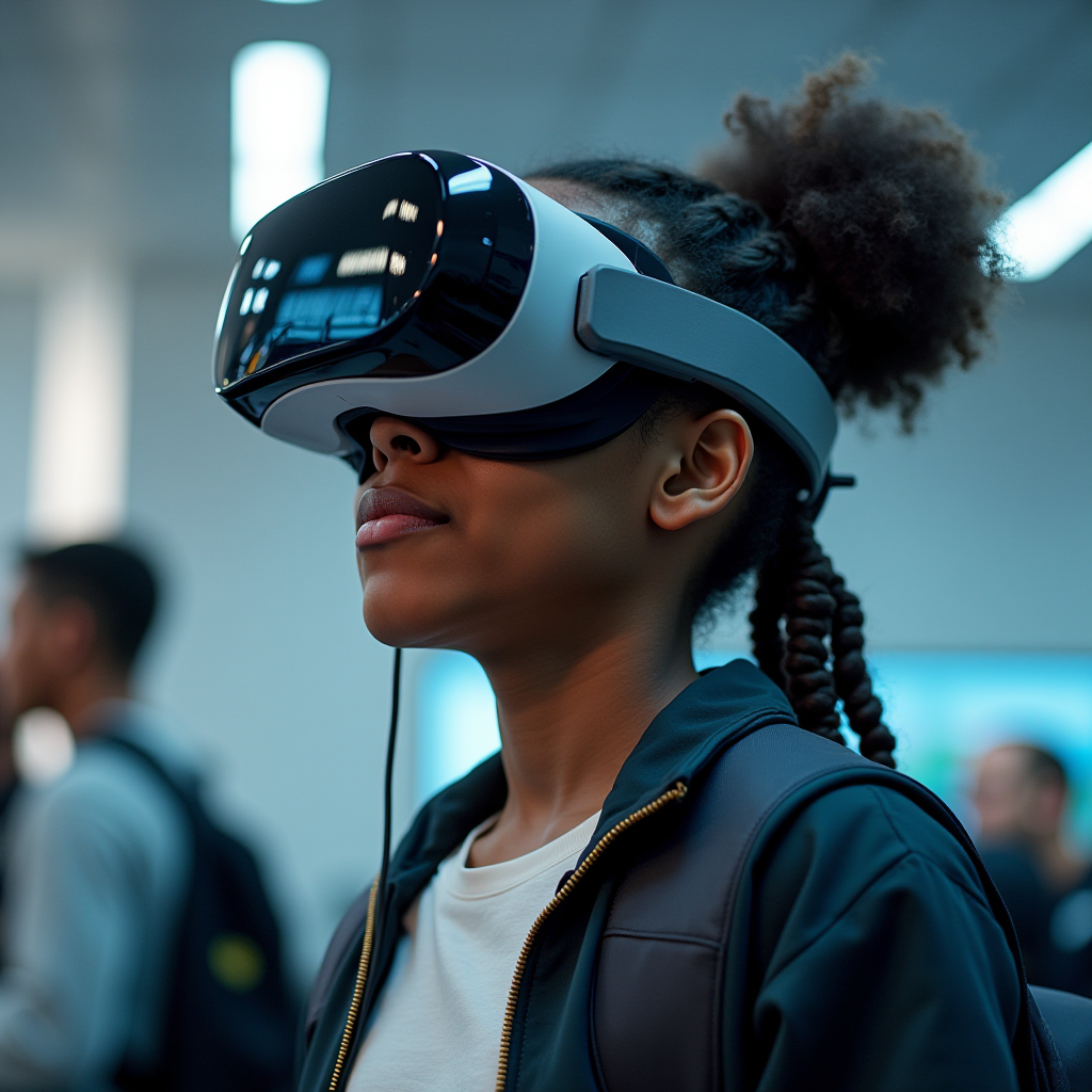 A person wearing a virtual reality headset in a modern, tech-focused setting.