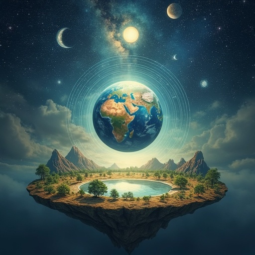 Artwork depicting a flat earth model surrounded by cosmic elements. Earth shown as a globe above a floating island. Stars and planets scattered in the background. Fantasy theme with vibrant colors and mystical atmosphere.