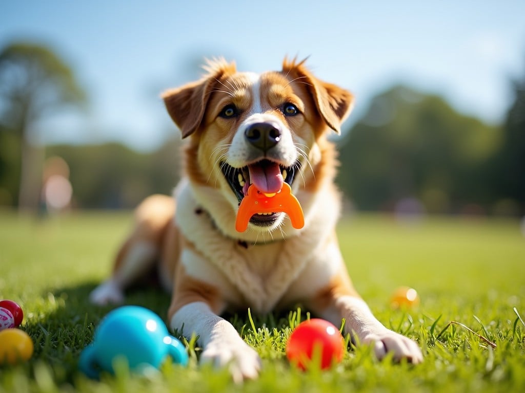 a happy dog playing in a sunny park with colorful toys scattered on the grass