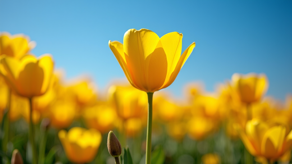 A vibrant, sunlit field of yellow tulips under a clear blue sky, with one in perfect focus.