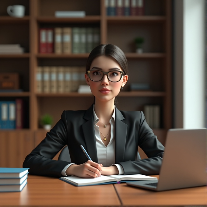 A woman in a black blazer and glasses sits at a desk, writing in a notebook, with books and a laptop nearby, and bookshelves behind her.