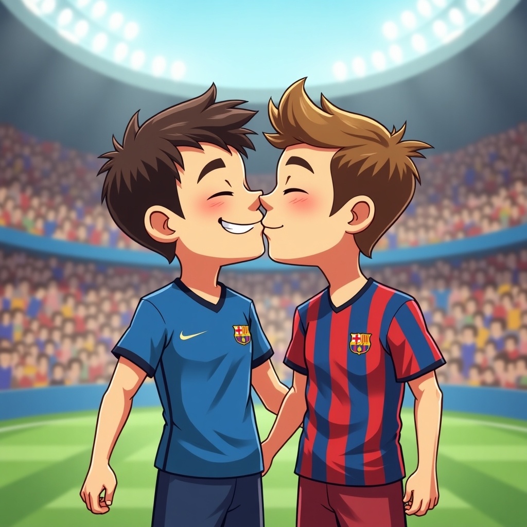 Two cartoon characters resemble football players. They kiss in a stadium. One wears a blue jersey; the other wears a red and blue striped jersey. Enthusiastic crowd in the background. Tone is lighthearted and humorous.