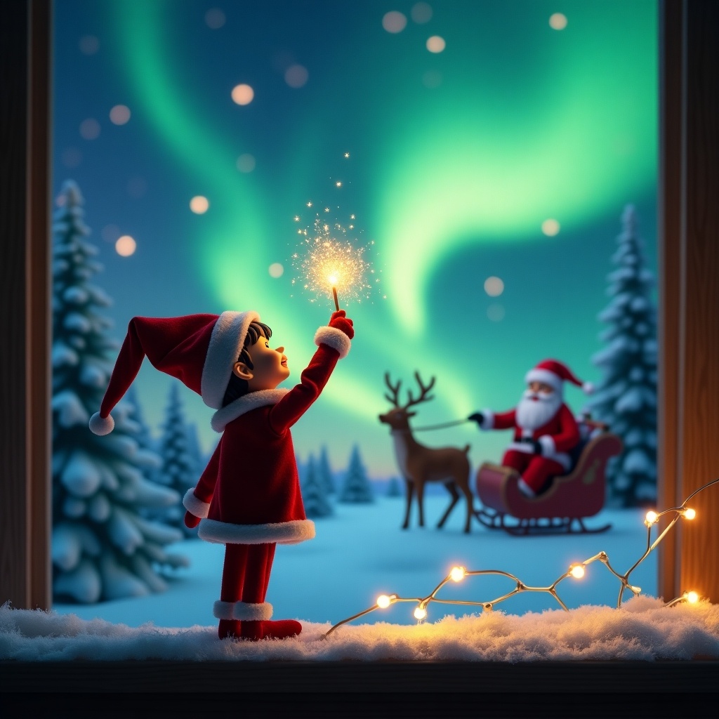 Elf on the shelf looks up at the night sky. Elf uses a wand to create magical sparks. Background features Santa Claus in his sleigh. Northern lights illuminate the scene. Christmas trees surround the setting.