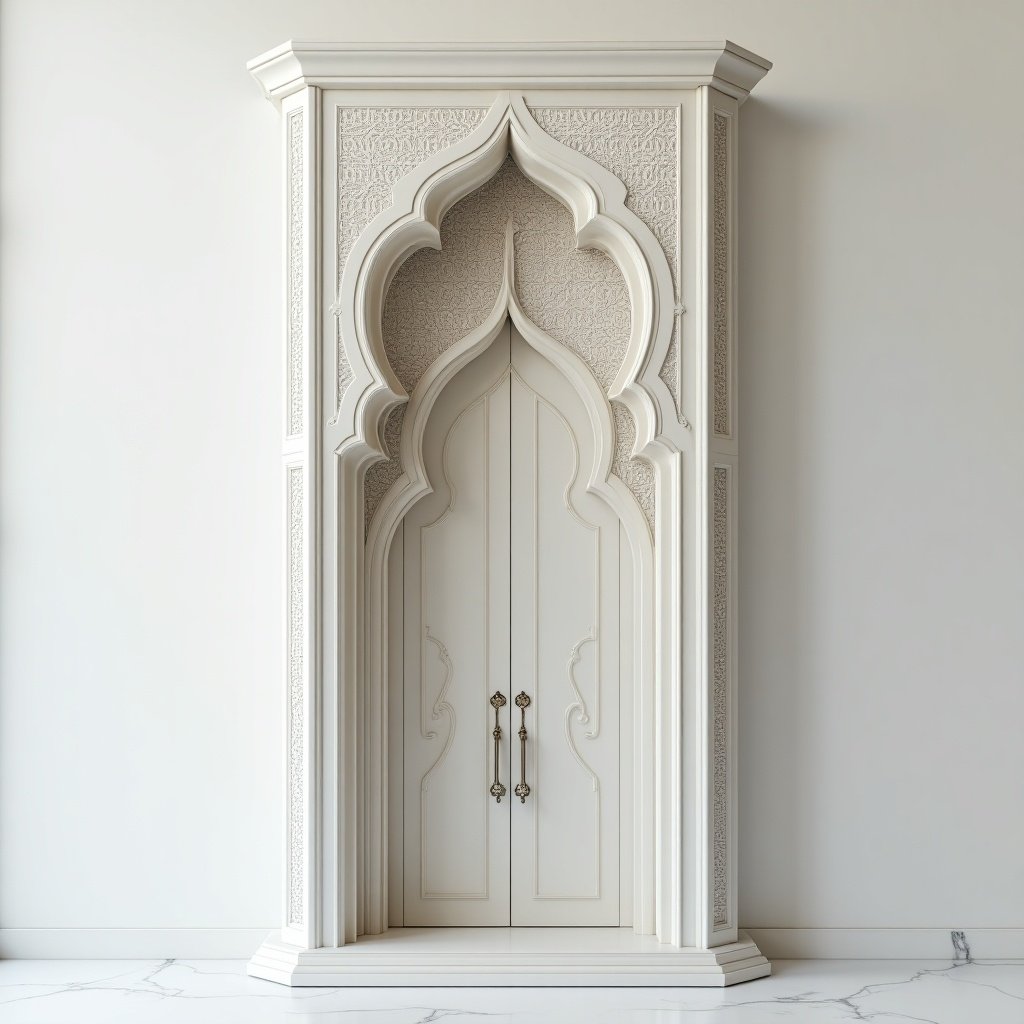 Create a column with Persian-Islamic design features like arches and geometric patterns. Include a narrow cabinet in the middle that is modern and white, symbolizing wind turbines. Incorporate futuristic elements.