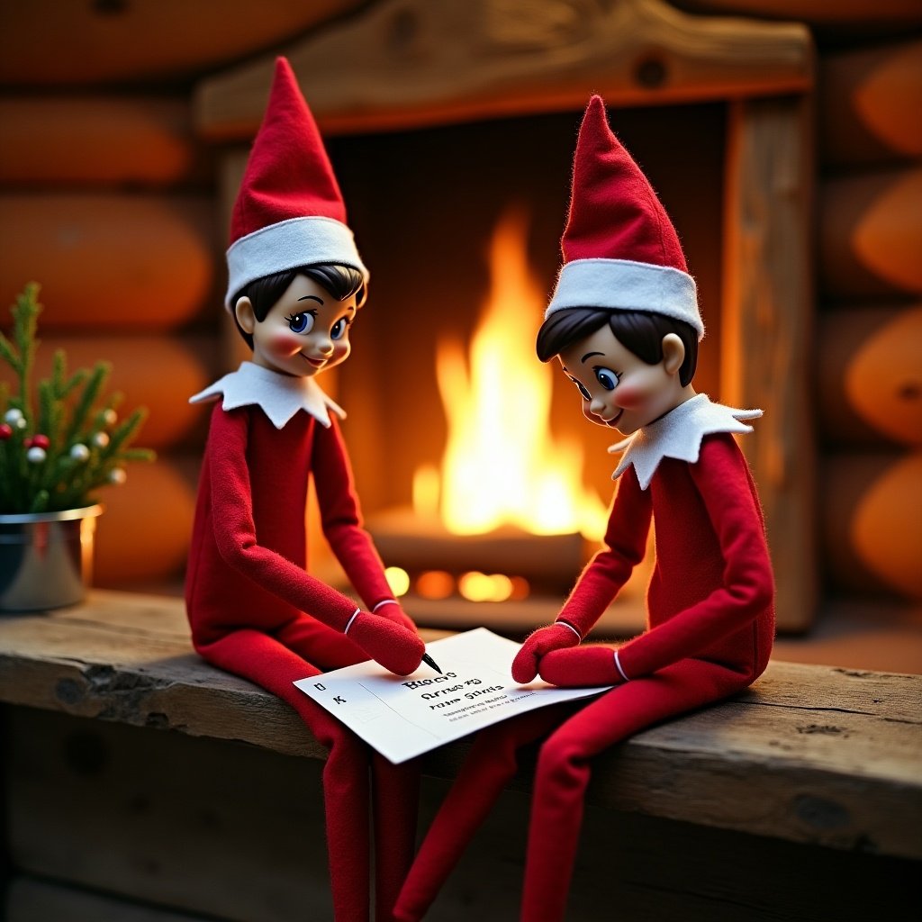 Two elf figures in a log cabin near a warm fire. They are writing on a piece of paper. The text mentions a child named Rory on the nice list.