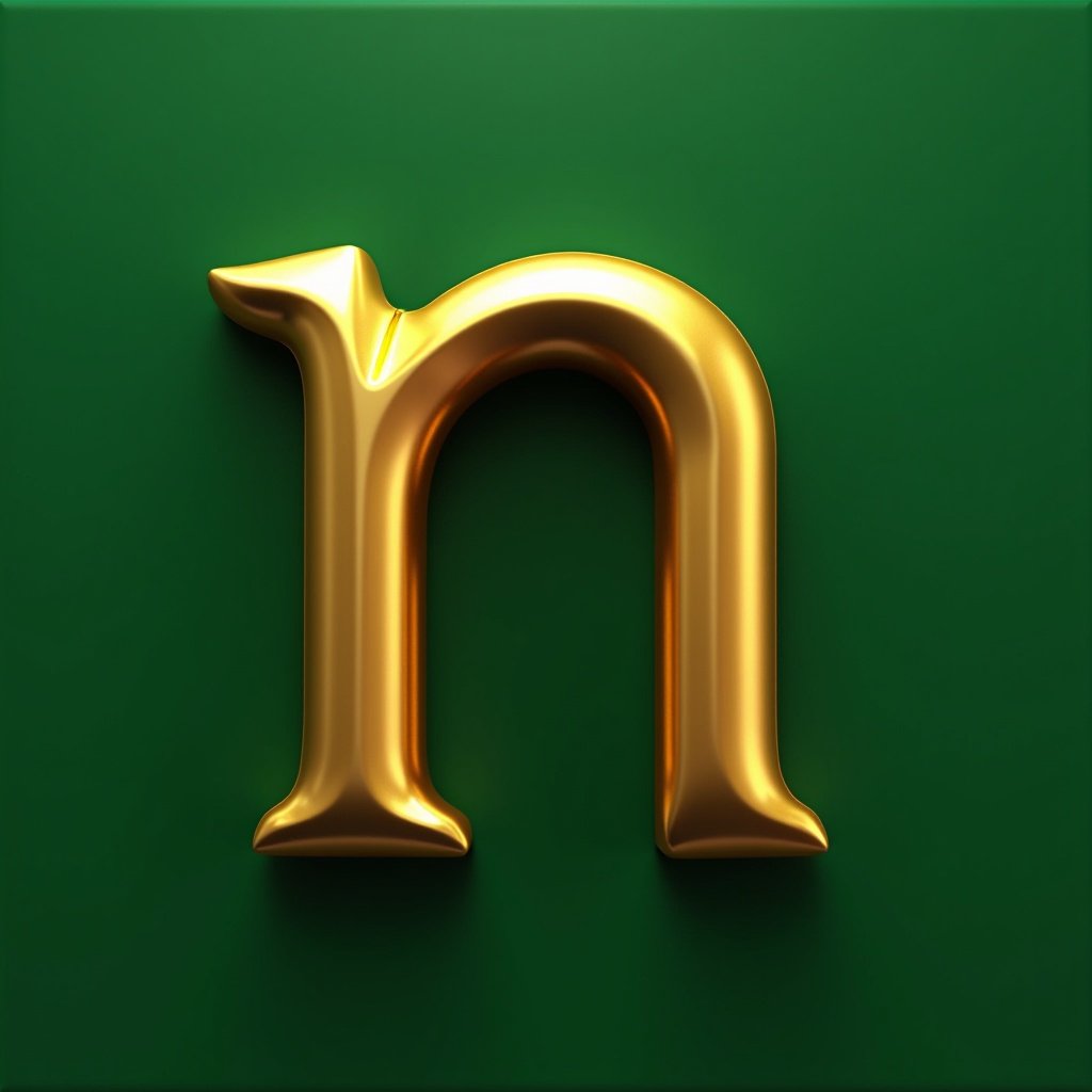 This image features a golden letter 'n' prominently displayed against a vibrant green background. The letter showcases rounded corners and a glossy finish, giving it a sleek and modern look. Created using advanced graphic design tools like Autodesk Maya and Houdini, the rendering emphasizes the depth and shine of the gold. This design is suitable for logos or branding, appealing to industries seeking innovative visual elements. The overall composition is simplistic yet elegant, making a strong visual impact.