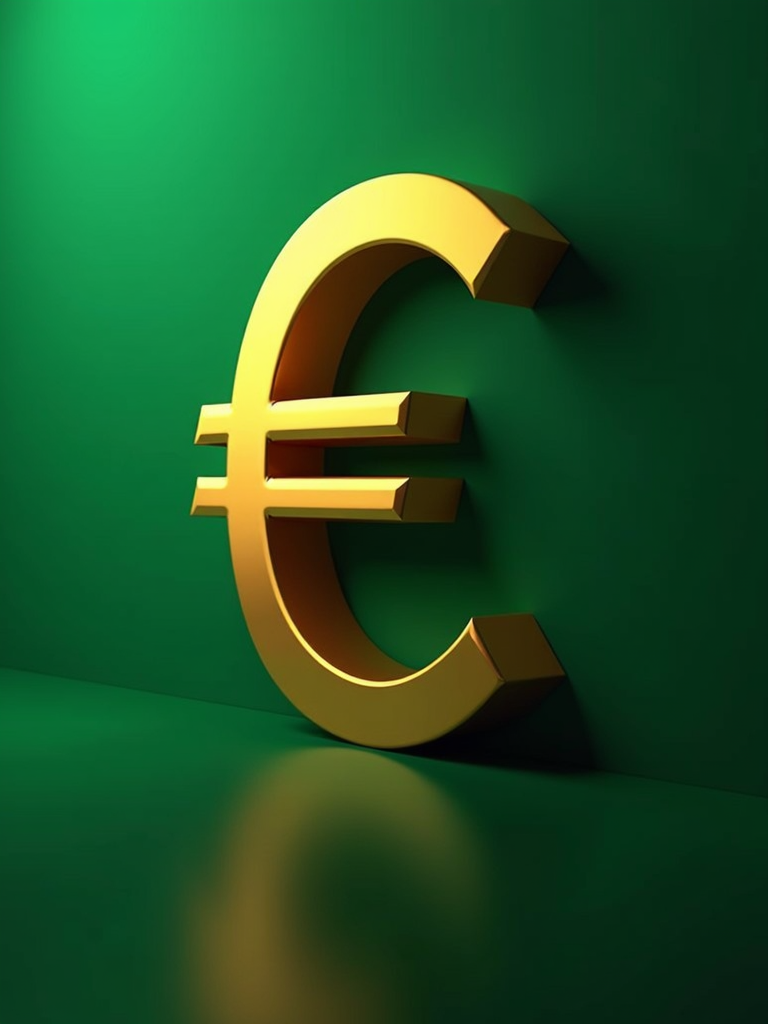 A shiny golden Euro symbol against a smooth green background with soft reflections.