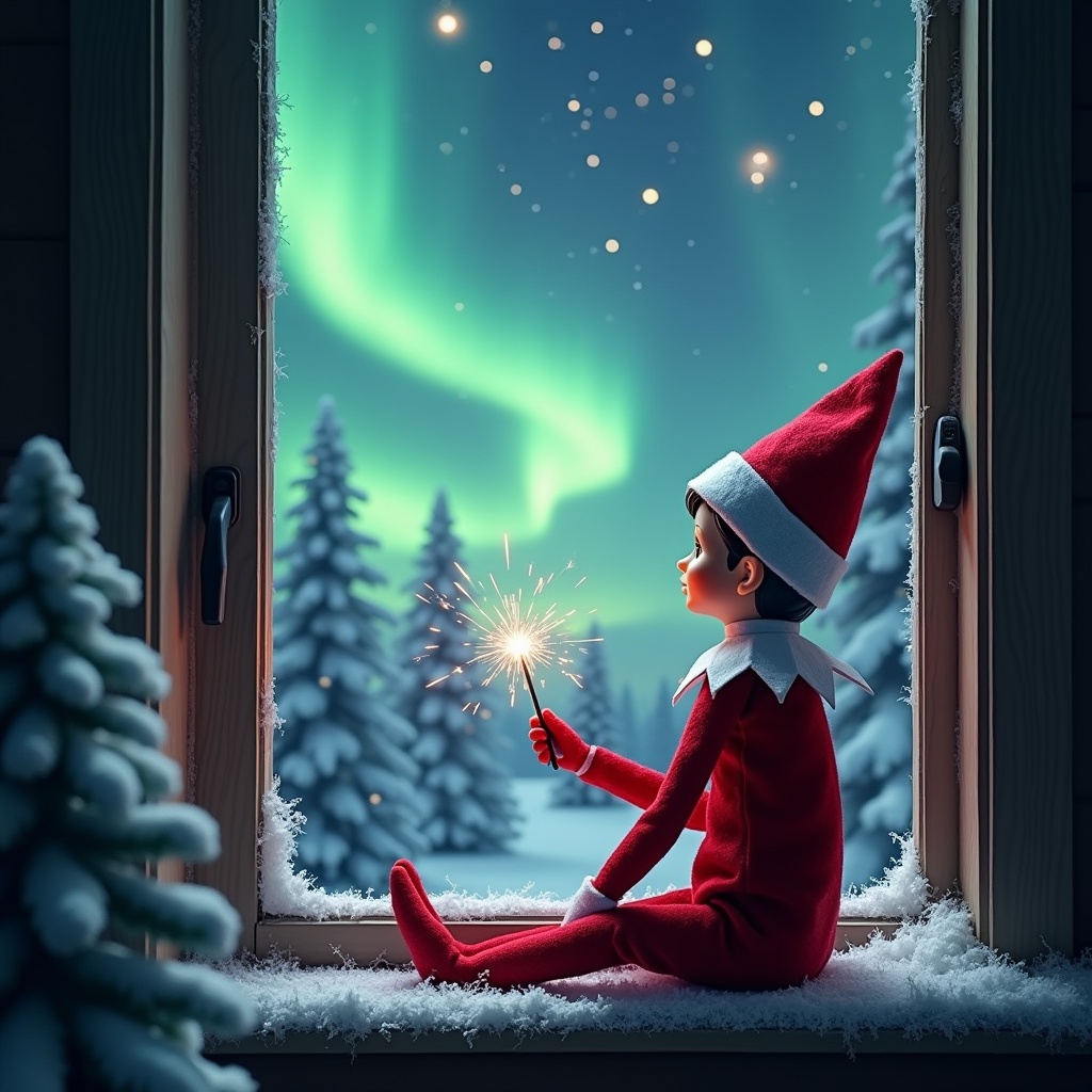 The image features an elf on the shelf sitting on a windowsill, with his back to the viewer. He is gazing up at the sky, using a wand to create magical sparks. The background depicts a captivating Christmas scene with vibrant northern lights illuminating the night sky. Pine trees covered in snow surround the setting, enhancing the holiday atmosphere. The elf's attire is festive, with a bright red outfit and fluffy white trim, embodying the spirit of Christmas.