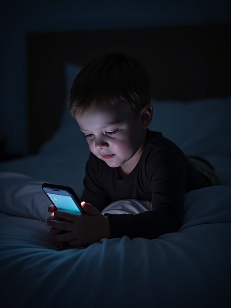 Child sitting on bed looking at a smartphone in a dark room before bedtime.