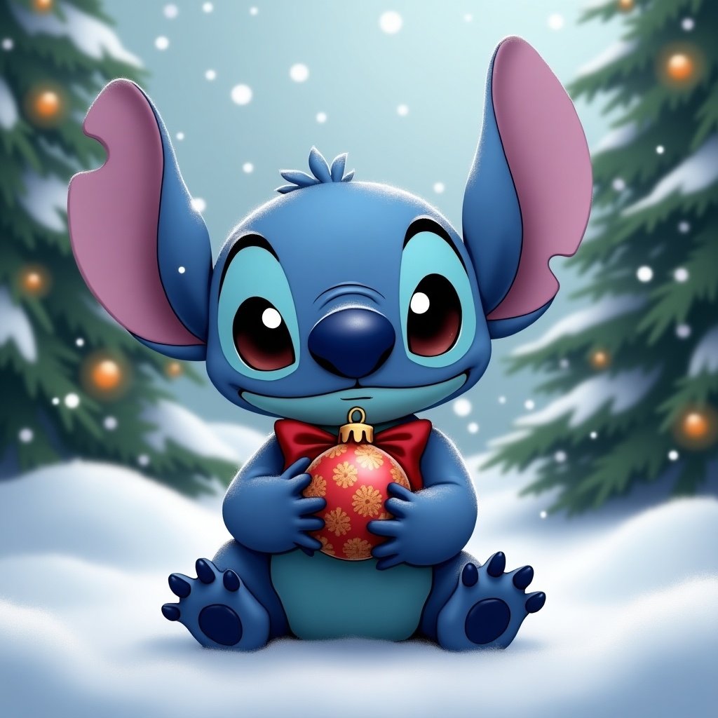 Cute character resembling Stitch holds a Christmas bauble. Character is blue with large ears and a bow tie. Sitting in a snowy scene with Christmas trees around.