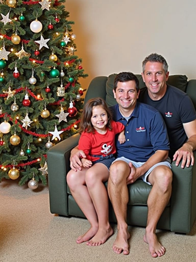 Family sitting on a couch in front of a Christmas tree. Tree decorated with ornaments and lights. Family is in casual clothing. Warm indoor setting celebrating the holiday season.