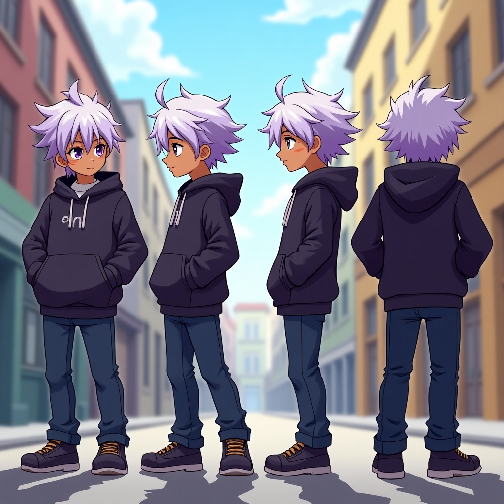 Turnaround view of a character named Garth. Character has purple and white hair and purple eyes. Dark skin tone. Brave personality. Depicted in four angles: front, side, three-quarters, and back. The background shows a colorful urban street under bright daylight.