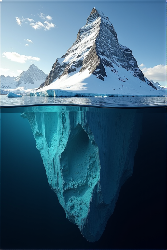 A majestic mountain with a snow-covered peak is mirrored below water, resembling an iceberg, under a serene blue sky.