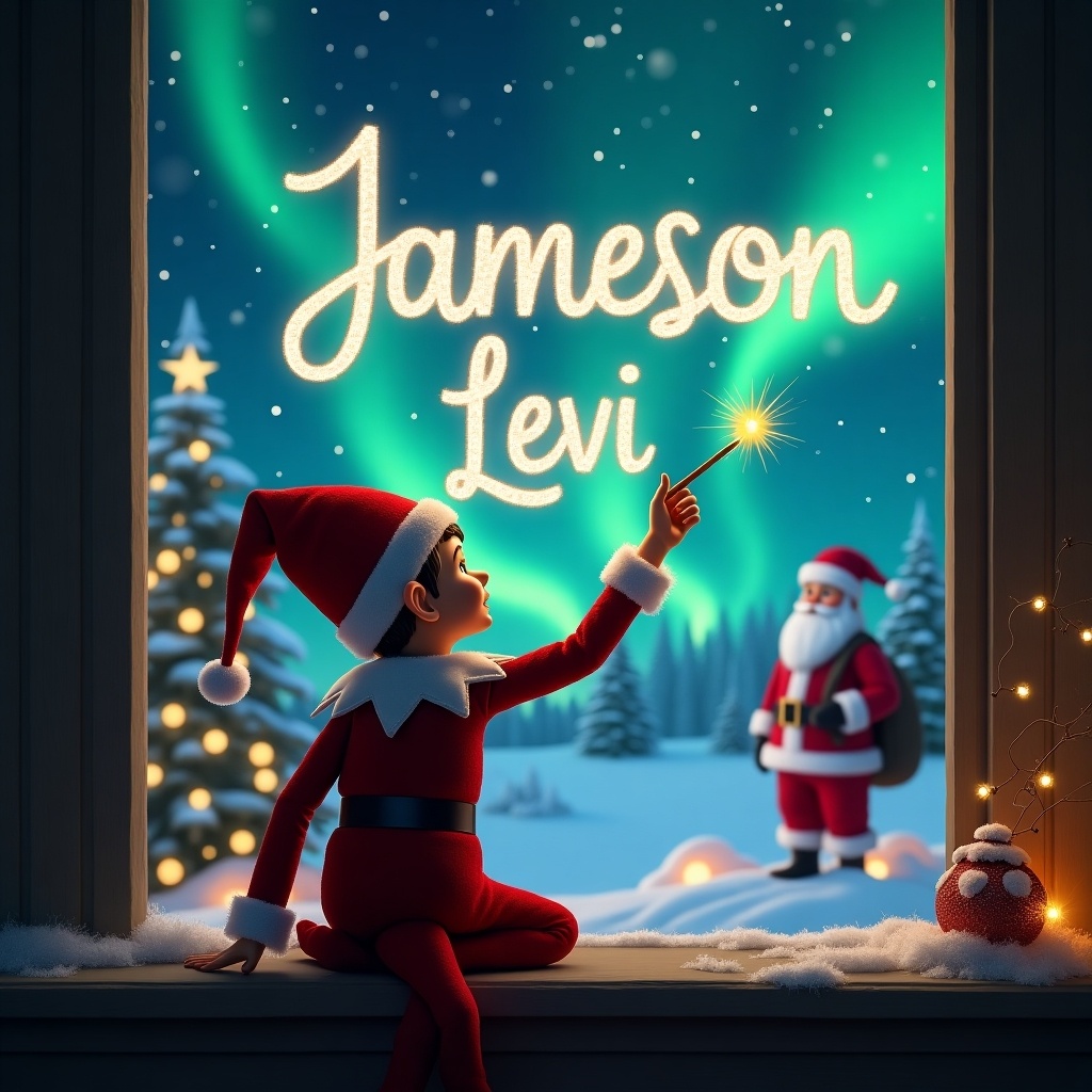 The image features a charming scene with an elf on the shelf who is seated with his back to the viewer. He is facing the dazzling night sky, using a magic wand to elegantly write the names 'Jameson' and 'Levi' in sparkling light. The background depicts a magical Christmas setting, complete with shimmering northern lights. In the distance, Santa Claus can be seen, adding to the festive atmosphere. The window frame shows decorated Christmas trees and snow, creating a cozy and enchanting ambiance.